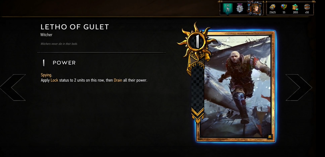 Gwent game screenshot with Letho's card and details