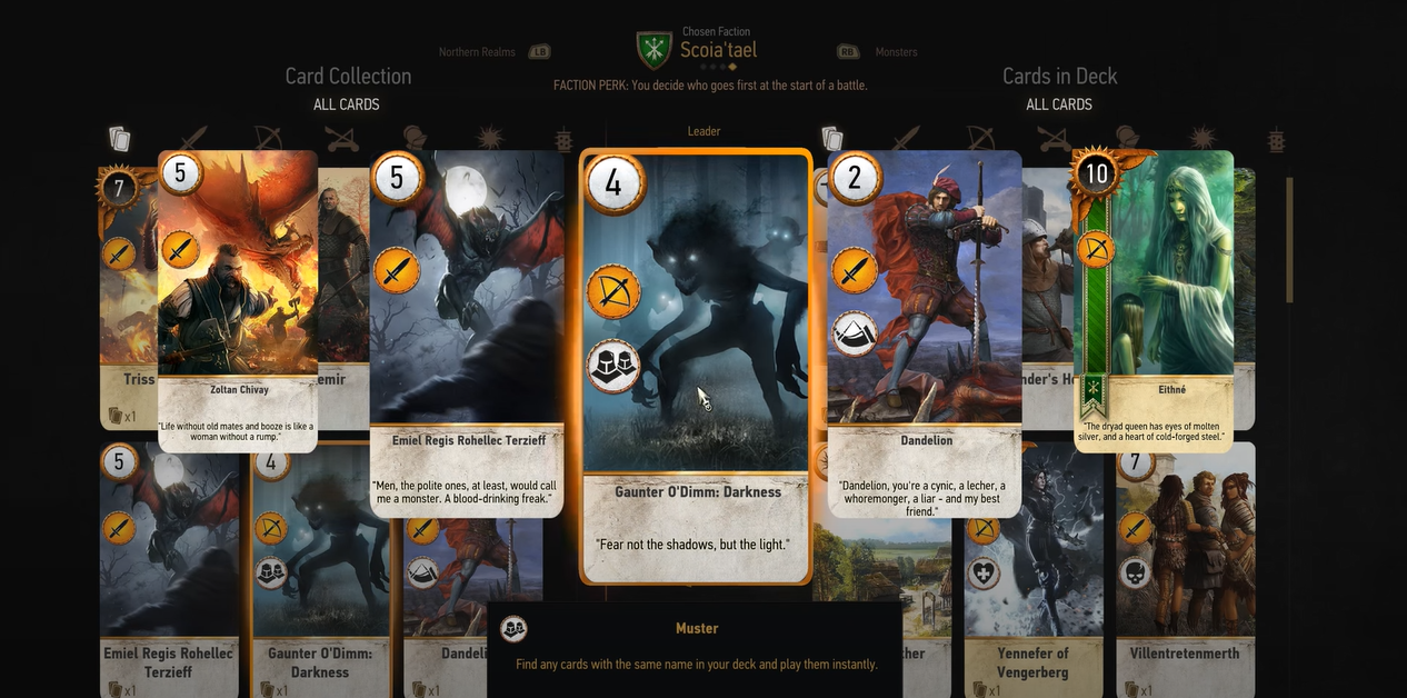 A screenshot displaying various card types in the game Gwent