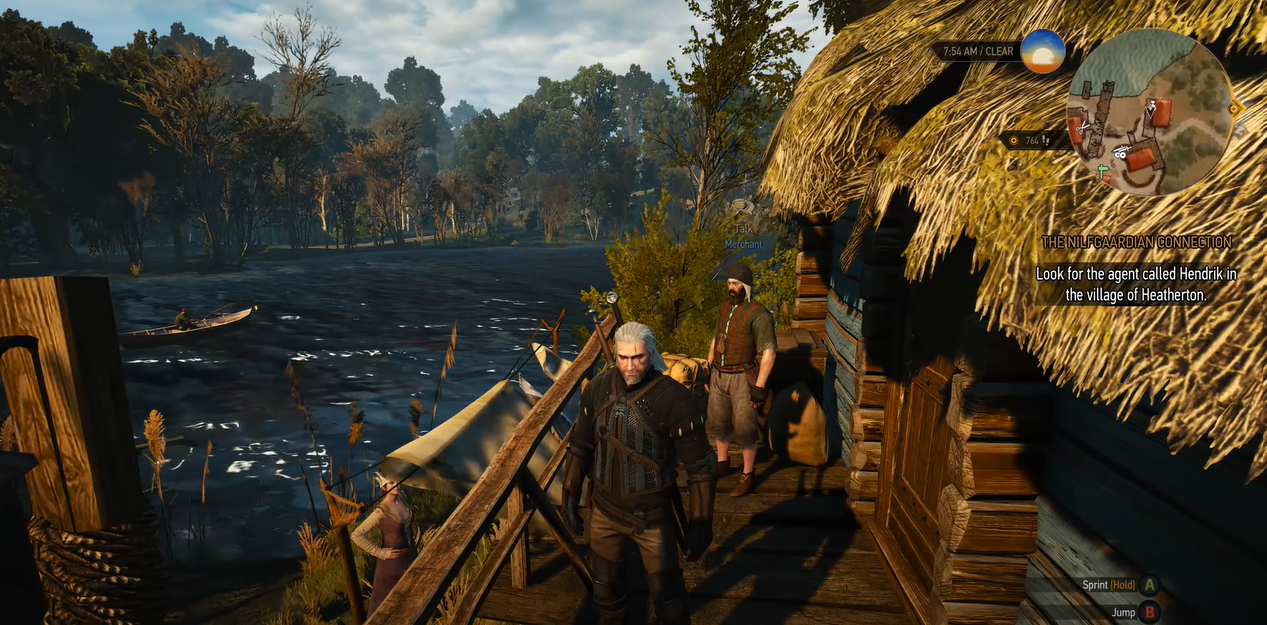 Gwent game screenshot featuring characters on a nipa hat floating on a lake