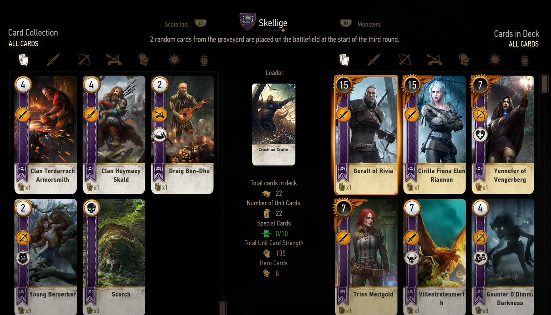 A screenshot of Gwent game displaying the card collection