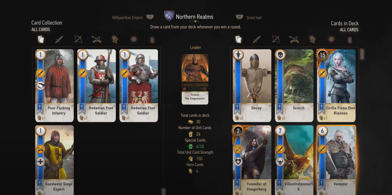 Gwent game displaying Cards and Cirilla Fiona Elen Riannon on the right side