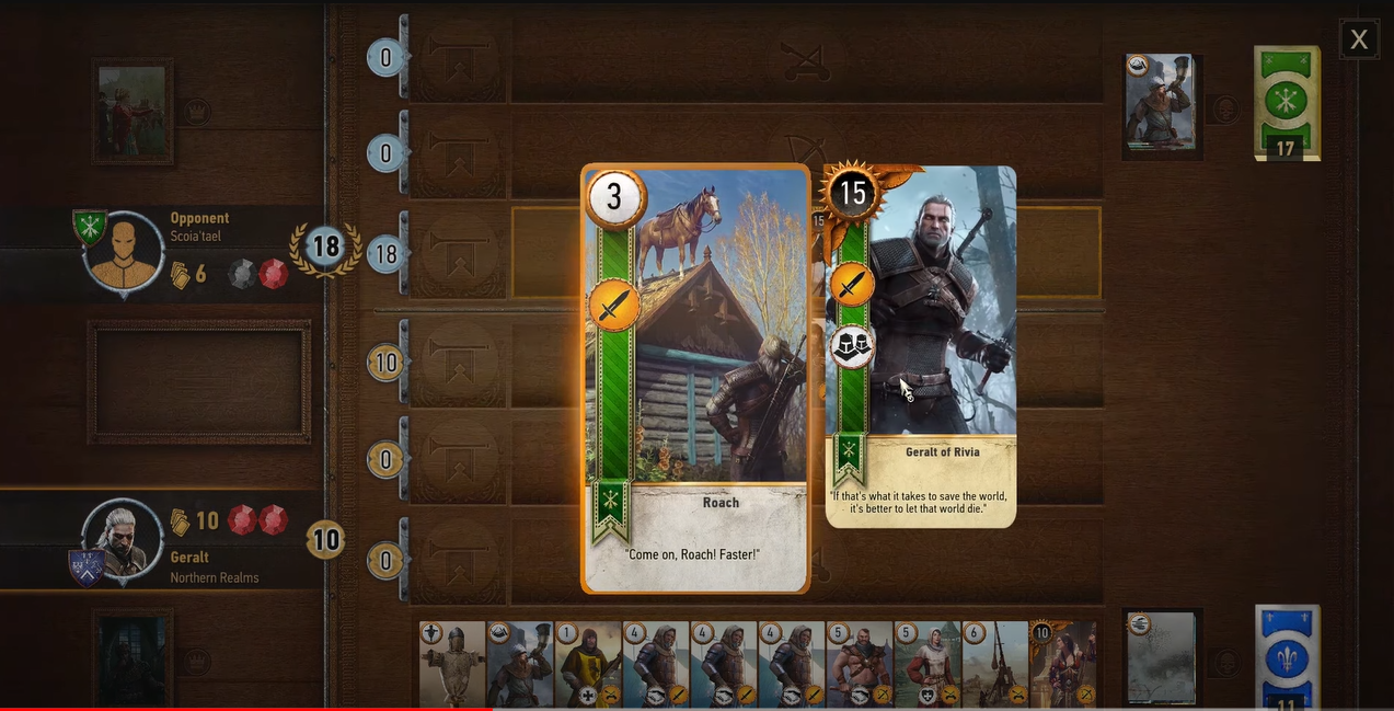 Screenshot of Gwent game displaying a card battle featuring Roach and Geralt of Rivia cards