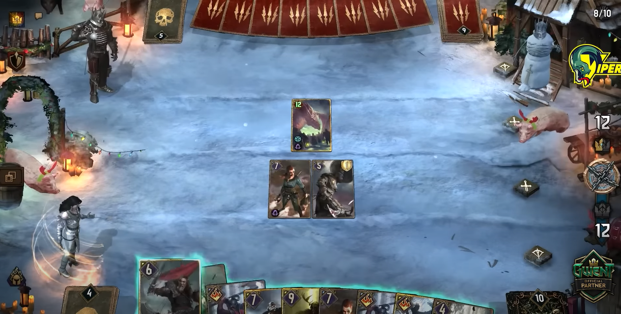 The game Gwent depicting a card battle in a winter landscape