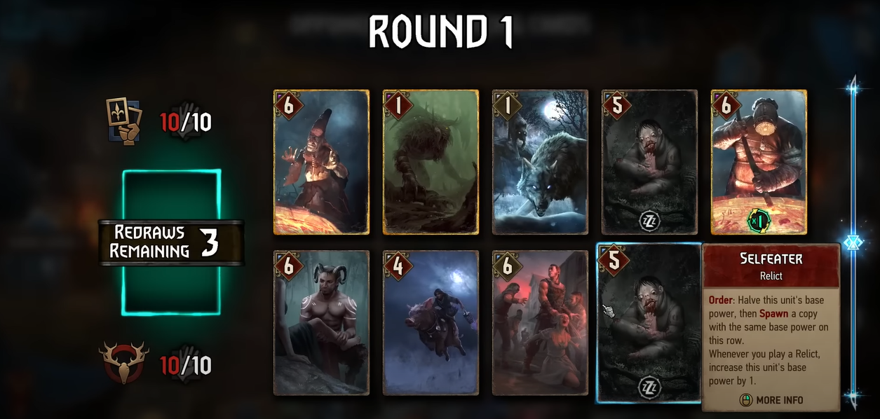 The game Gwent displaying a card battle with monster cards