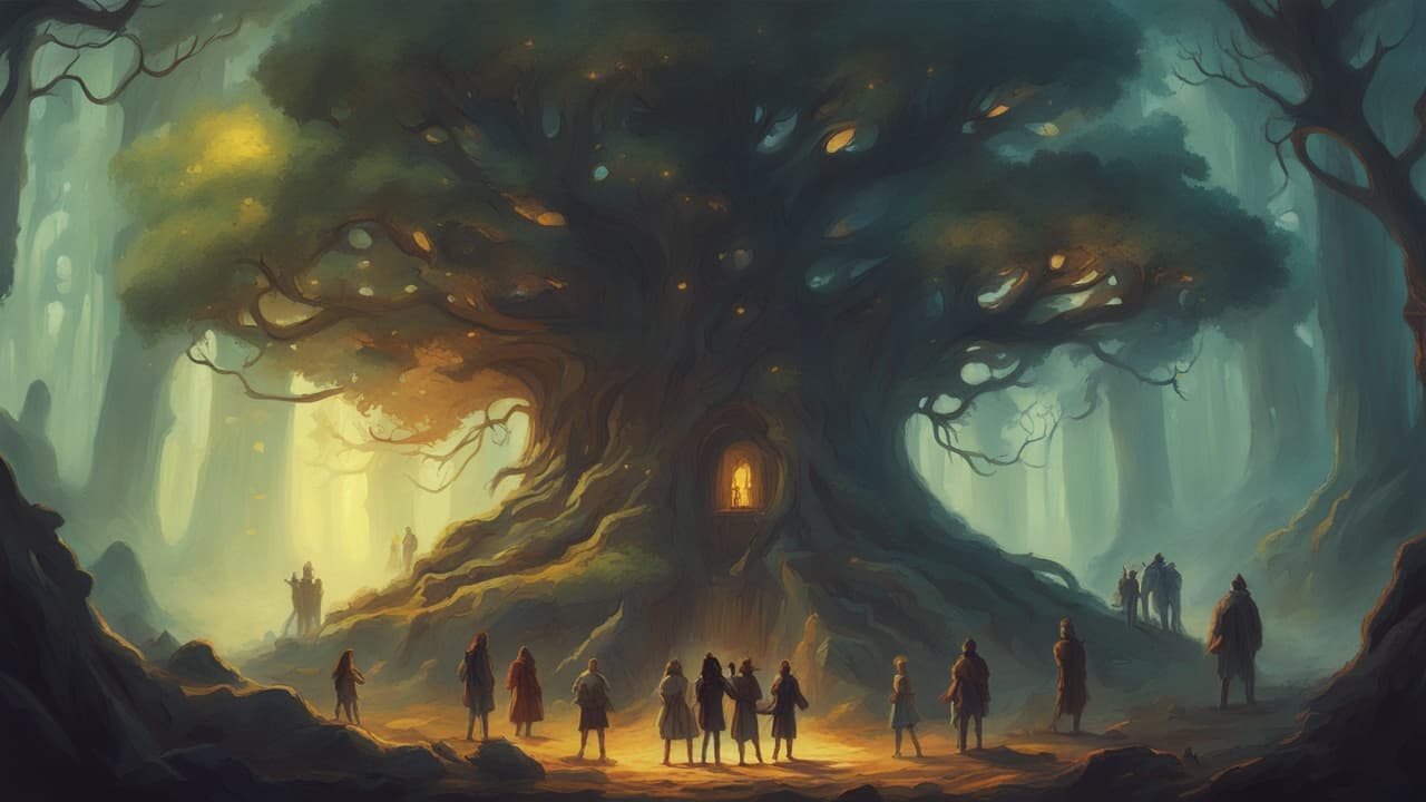 A group of adventurers stands before a large, glowing tree in a mystical forest