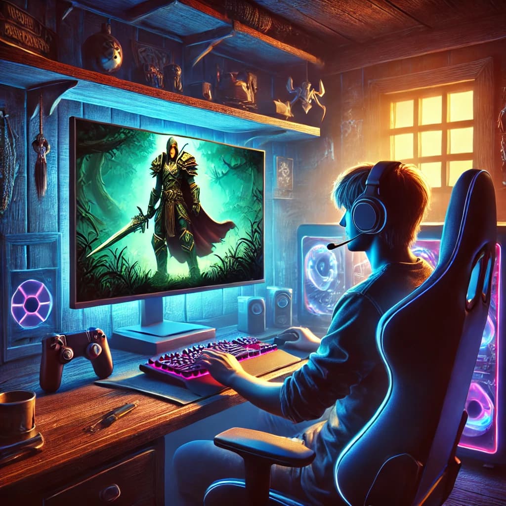 A player sits at a computer, focused on the screen with a character in World of Warcraft.